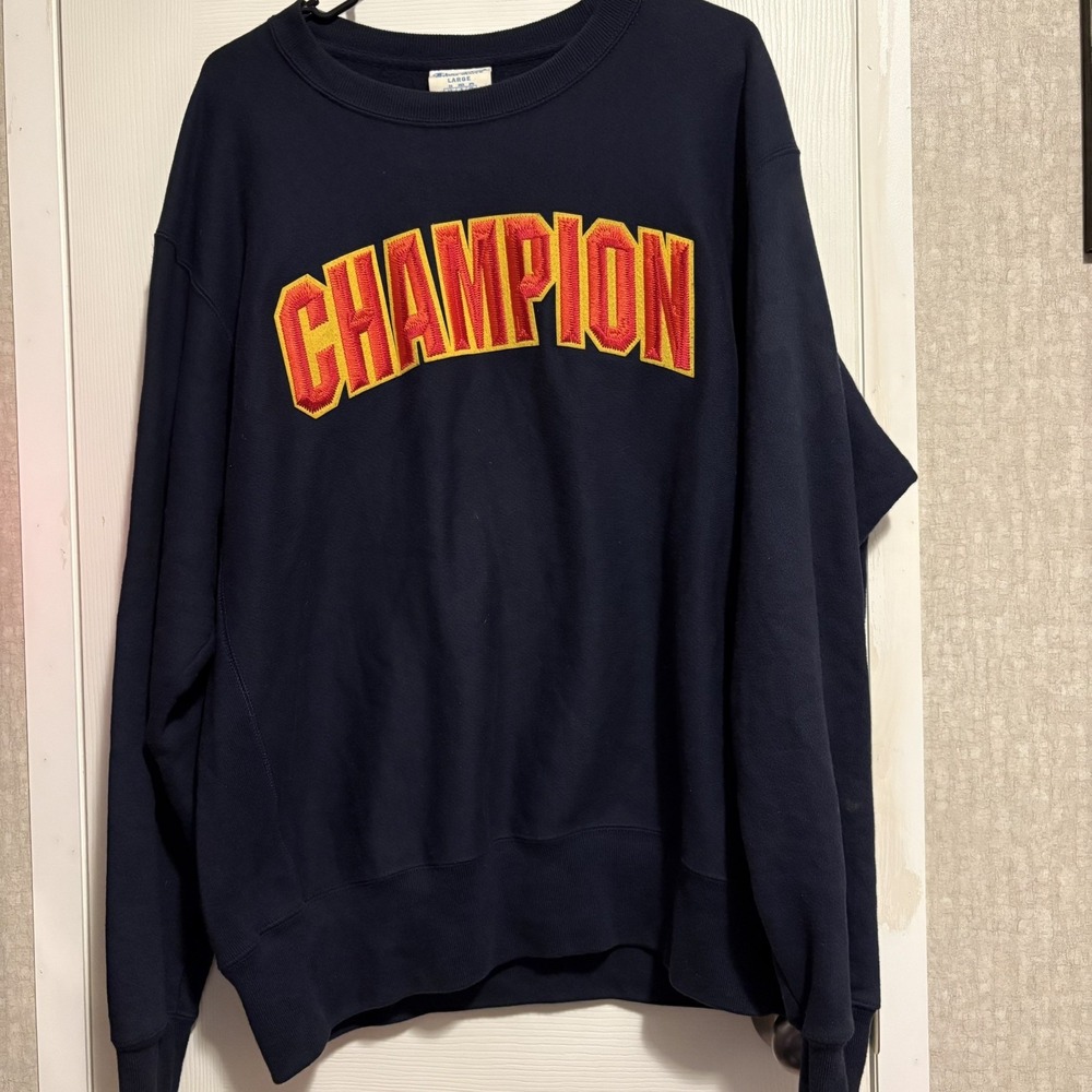 Champion Reverse Weave Sweater Mens L Navy Blue Spellout Logo Stitched